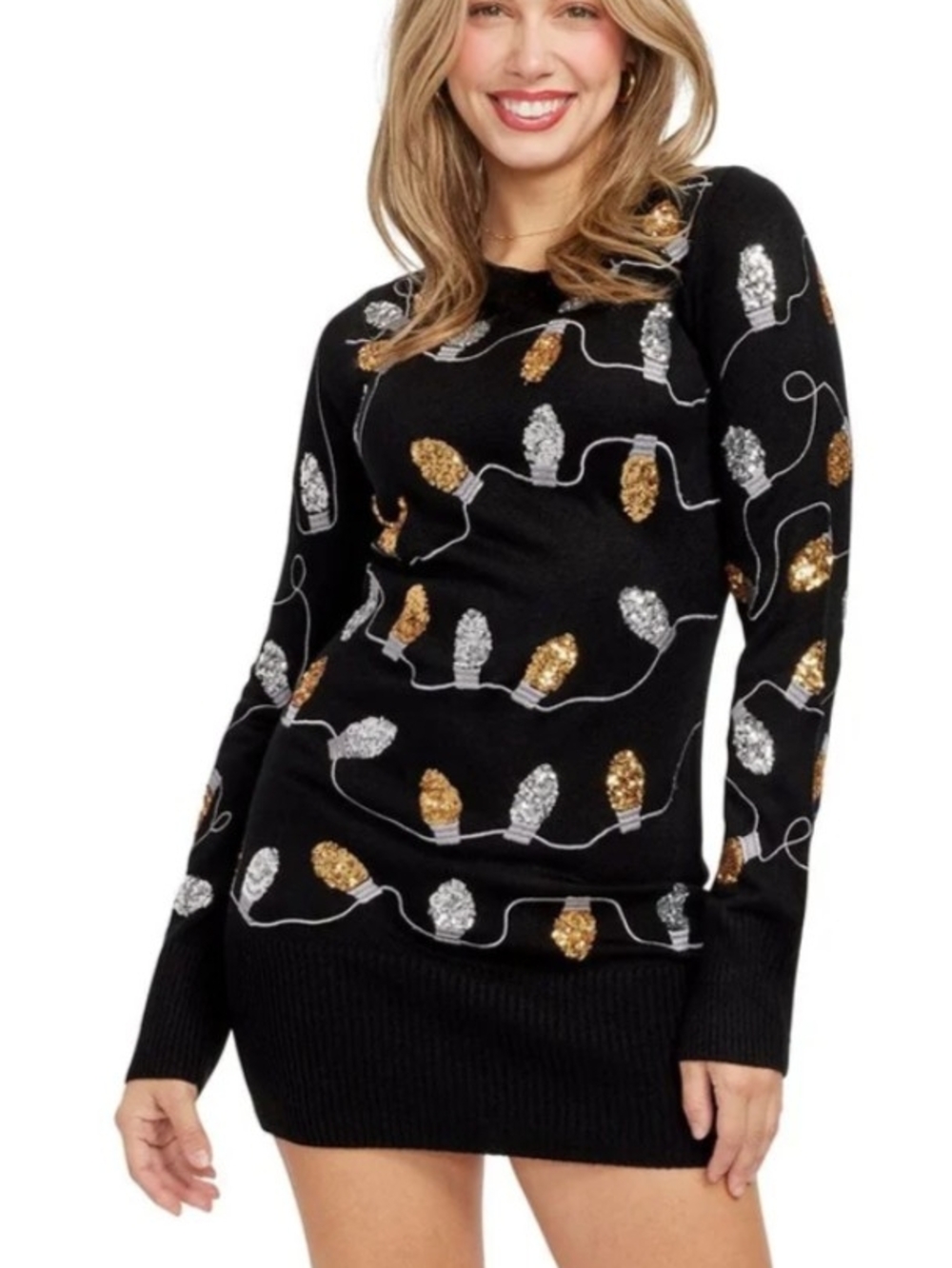 Tipsy Elves Women's Black Xmas Light Strand Sequin Sweater Dress Sz Medium NWT
